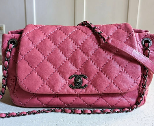 Authentic Preloved CHANEL Pink Lambskin Quilted Wildstitch Flap Bag