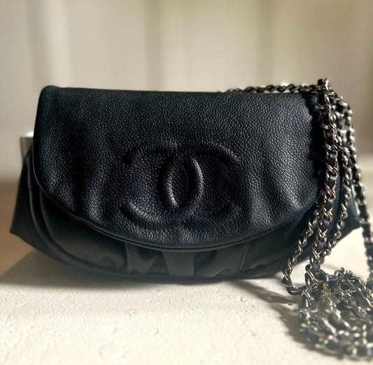 Authentic Like-New CHANEL Caviar Half Moon Wallet On Chain Crossbody Bag